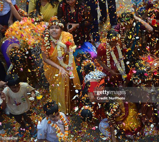 Blind children celebrated the festival holi with flower petals on March 4, 2015 in Kolkata, India. 'Holi', the festival of colours, is a riotous...