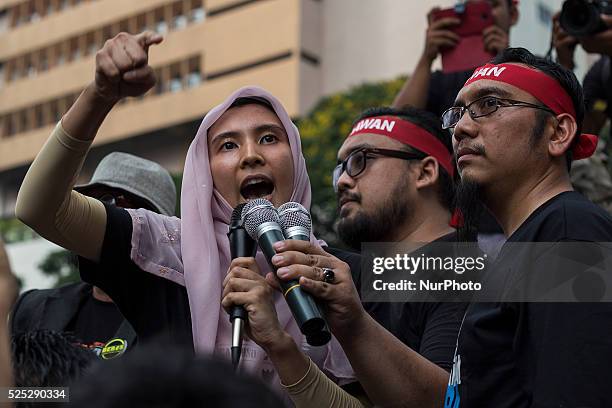 Jailed opposition leader, Anwar Ibrahim eldest daughter, Nurul Izzah delivers speech to supporters during a protest demand for Anwar's freedom and...