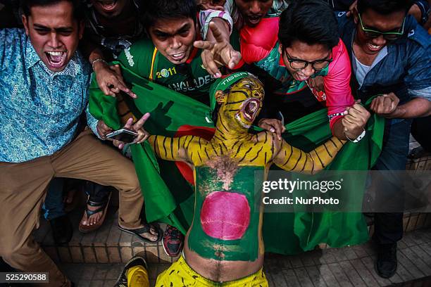 Bangladeshi people are celebrating the victory of Bangladesh Cricket Team at TSC, Dhaka, Bangladesh on 18 February, 2015. Bangladeshi Cricket Team...