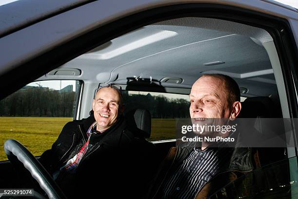 Den Haag, Netherland, on 18th February 2105. Rodney and Renee , two taxi drivers are seen in their taxi van. Many taxi drivers are complaining about...