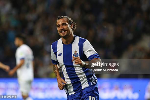 Porto's Itaian forward Pablo Osvaldo celebrates after scoring goal during the Premier League 2015/16 match between FC Porto and Os Belenenses, at...