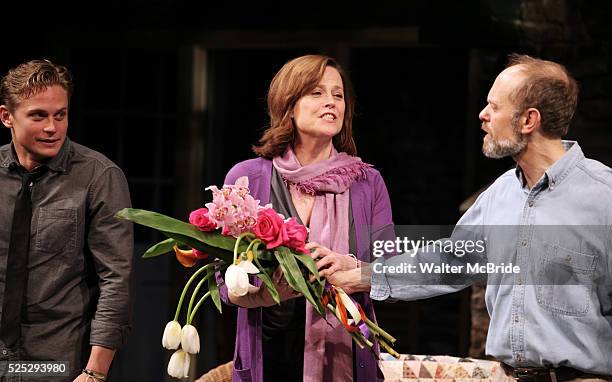 Billy Magnussen, Sigourney Weaver & David Hyde Pierce during the Broadway Opening Night Performance of 'Vanya and Sonia and Masha and Spike' at the...