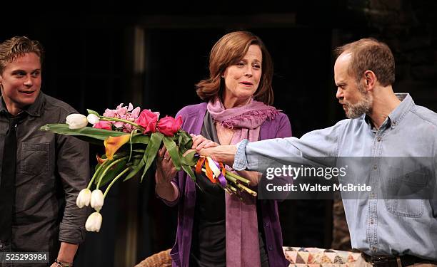 Billy Magnussen, Sigourney Weaver, David Hyde Pierce during the Broadway Opening Night Performance of 'Vanya and Sonia and Masha and Spike' at the...