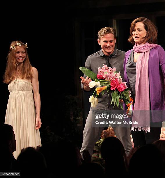 Genevieve Angelson, Billy Magnussen, Sigourney Weaver during the Broadway Opening Night Performance of 'Vanya and Sonia and Masha and Spike' at the...