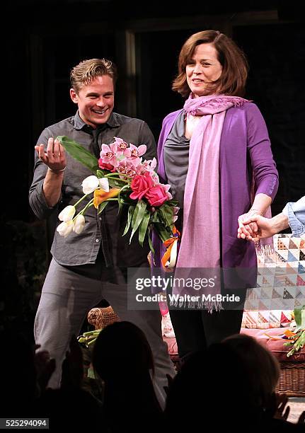 Billy Magnussen, Sigourney Weaver, David Hyde Pierce during the Broadway Opening Night Performance of 'Vanya and Sonia and Masha and Spike' at the...