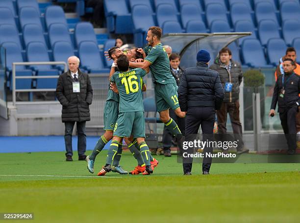 Edoardo Goldaniga celebrates after scoring a goal 1-0 with teammates during the Italian Serie A football match S.S. Lazio vs U.S. Palermo at the...