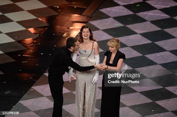 Fabio Fazio and Leatitia Casta, Luciana Littizzetto attend the opening night of the 64rd Sanremo Song Festival at the Ariston Theatre on February 18,...