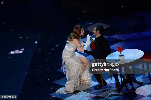 Fabio Fazio and Leatitia Casta attend the opening night of the 64rd Sanremo Song Festival at the Ariston Theatre on February 18, 2014 in Sanremo,...