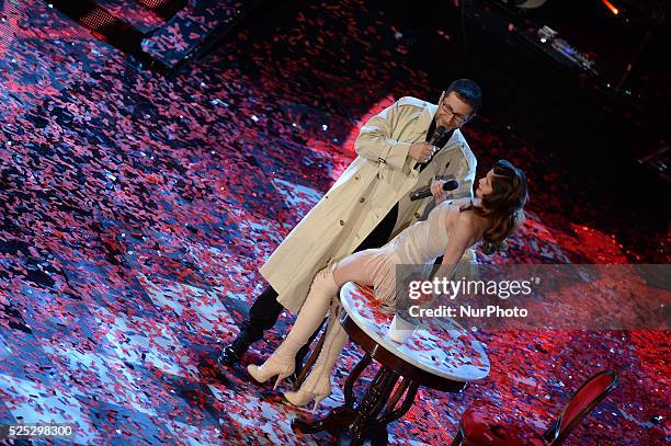 Leatitia Casta and Fazio attend the opening night of the 64rd Sanremo Song Festival at the Ariston Theatre on February 18, 2014 in Sanremo, Italy.