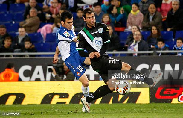 February 27- SPAIN: Fuentes and Campabadal in the match between RCD Espanyol and Cordoba CF, for week 25 of the spanish Liga BBVA match, played at...