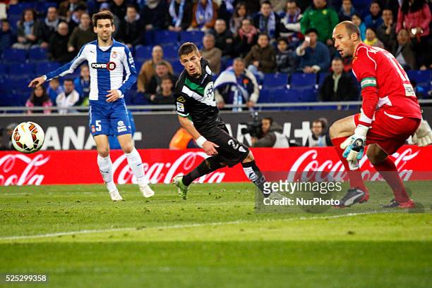February 27- SPAIN: Victor Alvarez, Pantic and Saizar in the match between RCD Espanyol and Cordoba CF, for week 25 of the spanish Liga BBVA match,...