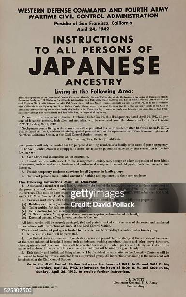 Text poster published by the Western Defense Command and Fourth Army Wartime Civil Control Administration with instructions and demands for reporting...