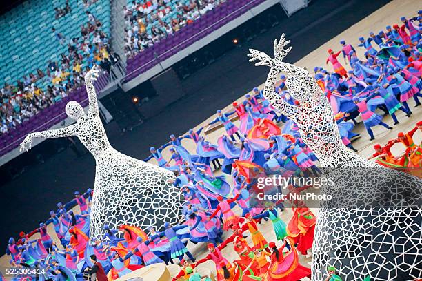 The giant sculptures dance together with 128 performers during Closing Ceremony of the inaugural European Games at at Olympic Stadium on June 28,...