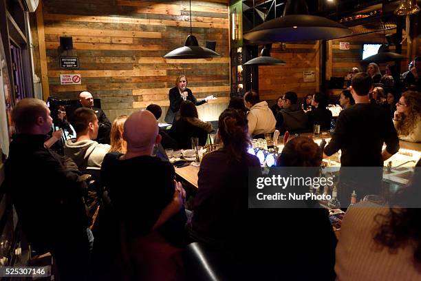 Zipi Livni, co-leader of the Zionist Union party and former justice minister and Hatnuah party leader, speaks to supporters during an elections...