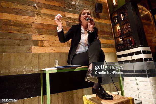 Zipi Livni, co-leader of the Zionist Union party and former justice minister and Hatnuah party leader, speaks to supporters during an elections...