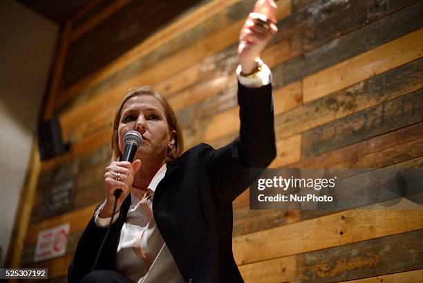 Zipi Livni, co-leader of the Zionist Union party and former justice minister and Hatnuah party leader, speaks to supporters during an elections...