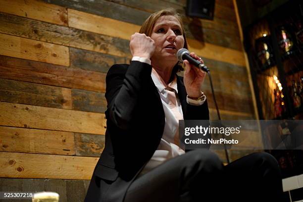 Zipi Livni, co-leader of the Zionist Union party and former justice minister and Hatnuah party leader, speaks to supporters during an elections...