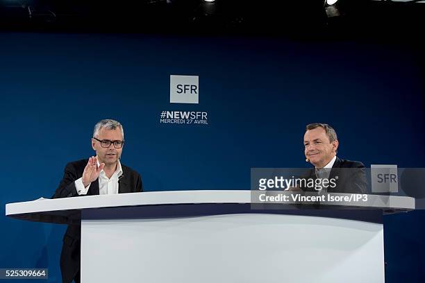 Michel Combes and Next Radio TV CEO Alain Weill speaks during a press conference of Telecom Company Altice group SFR and NextradioTV media group to...