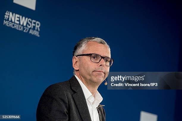 Michel Combes speaks during a press conference of Telecom Company Altice group SFR and NextradioTV media group to announce that SFR will acquire...