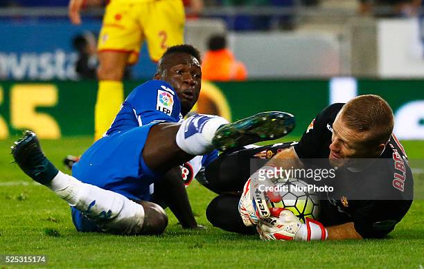 October 03- SPAIN: Felipe Caicedo and Alberto Garcia during the match between RCD Espanyol and Sporting de Gijon, corresponding at the week 7 of the...