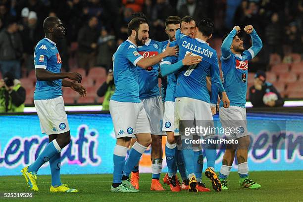 Vlad Chiriches of SSC Napoli celebrates after scoring during the italian Serie A football match between SSC Napoli and Chievo Verona at San Paolo...