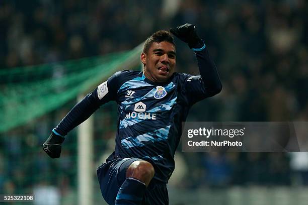 Porto's Brazilian midfielder Casemiro celebrates after scoring a goal during the Premier League 2014/15 match between Moreirense and FC Porto, at...