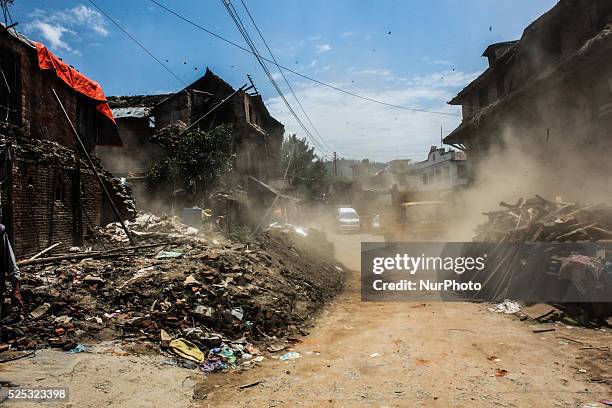 Dust coming out from a broken house during the devastating 7.4 magnitude earthquake at Sankhu, Nepal, 12 May 2015.