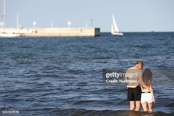 Sopot, Poland 17th, July, 2014 Due to the high temperature and flauta at sea, on the Sopot's Baltic Sea beach blue-green cyanobacteria algae bloomed....