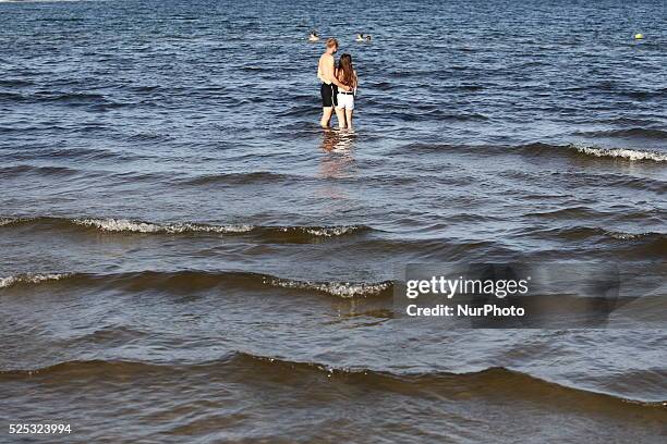 Sopot, Poland 17th, July, 2014 Due to the high temperature and flauta at sea, on the Sopot's Baltic Sea beach blue-green cyanobacteria algae bloomed....