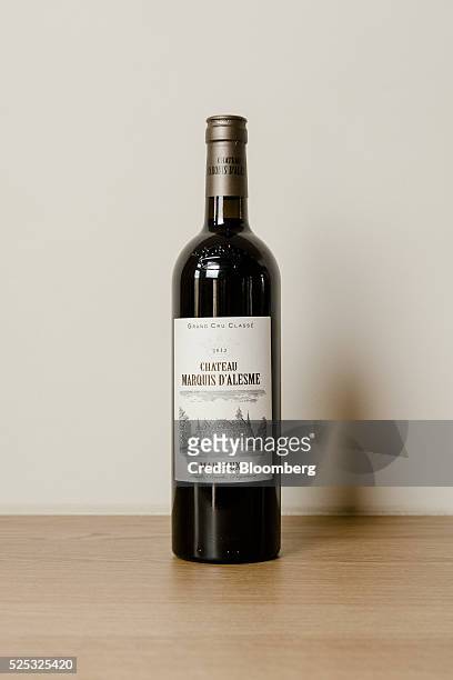 Bottle of 2012 Chateau Marqui d'Alesme wine sits on display at Chateau Marquis d'Alesme in Margaux, France, on Thursday, April 14, 2016. Bordeaux has...