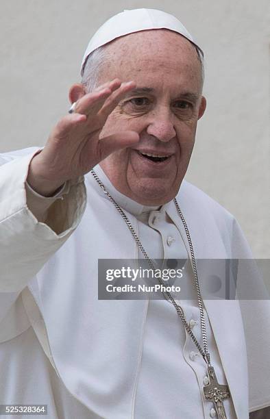 Pope Francis attends his weekly audience in St. Peter's Square on March 4, 2015 in Vatican City, Vatican. Speaking to the crowds gathered in St...