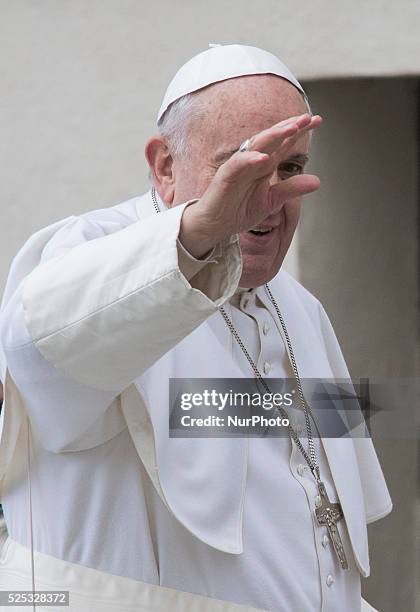 Pope Francis attends his weekly audience in St. Peter's Square on March 4, 2015 in Vatican City, Vatican. Speaking to the crowds gathered in St...