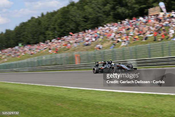 Sergio Perez of the Sahara Force India F1 Team during the 2015 Formula 1 Shell Belgian Grand Prix free practice 2 at Circuit de Spa-Francorchamps in...