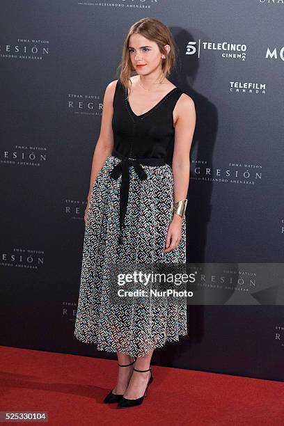 English actress Emma Watson poses during the photocall of Hispano-Chilean director Alejandro Amenabar's movie 'Regression' in Madrid on August 27,...