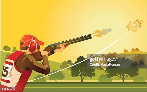 stockillustraties, clipart, cartoons en iconen met clay pigeon shooter on skeet shooting range - shooting a weapon