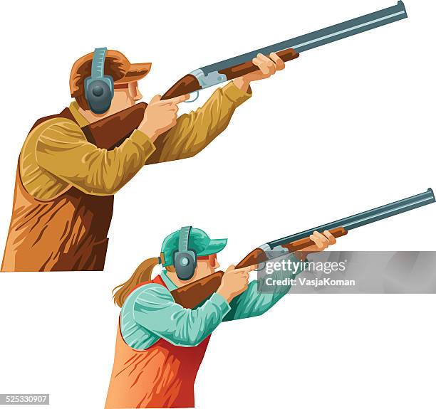 skeet-shots mitbewerber männliche und weibliche - trap shooting stock-grafiken, -clipart, -cartoons und -symbole