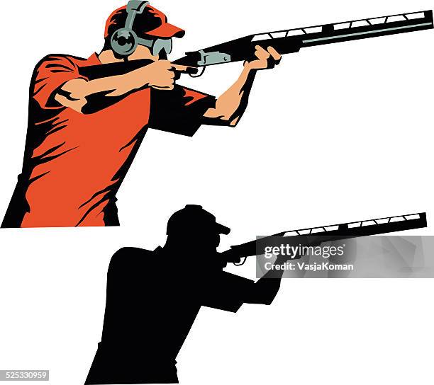 skeet shooter colored drawing and silhouette - skeet shooting stock illustrations