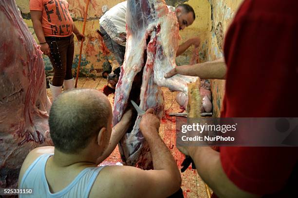 Muslims cutting sheep and cow as offering on Eid al-Adha sacrifice feast day in Cairo, Egypt on September 25, 2015