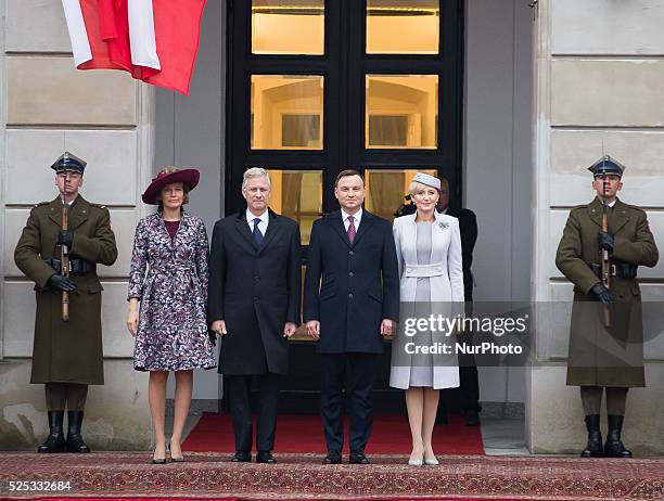 Queen Mathilde of Belgium and King Philippe of Belgium with Polish President Andrzej Duda and Polish First Lady Agata Kornhauser-Duda attend the...