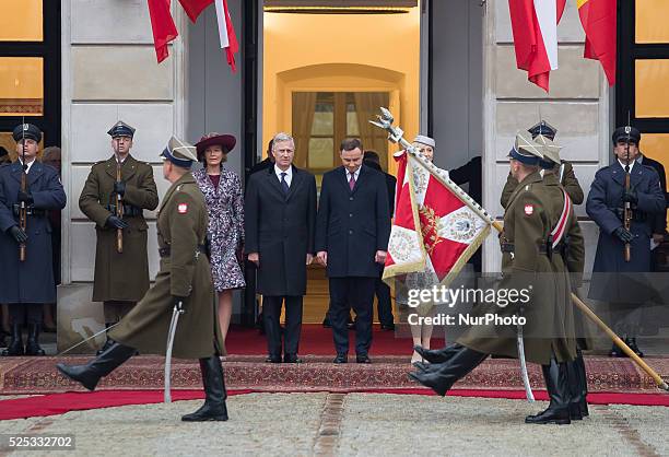 Queen Mathilde of Belgium and King Philippe of Belgium with Polish President Andrzej Duda and Polish First Lady Agata Kornhauser-Duda attend the...