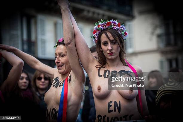 Femen during a demonstration in Paris on January 17, 2015 to defend women's rights, to improve access to abortion and to mark the 40th anniversary of...