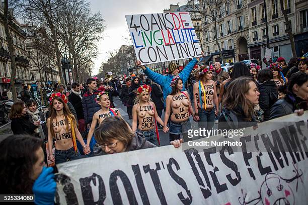 Femen during a demonstration in Paris on January 17, 2015 to defend women's rights, to improve access to abortion and to mark the 40th anniversary of...