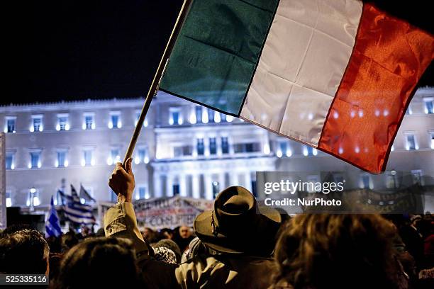 People gather outside the Hellenic Parliament showing their support to current government's negotiations with international lenders and protesting...