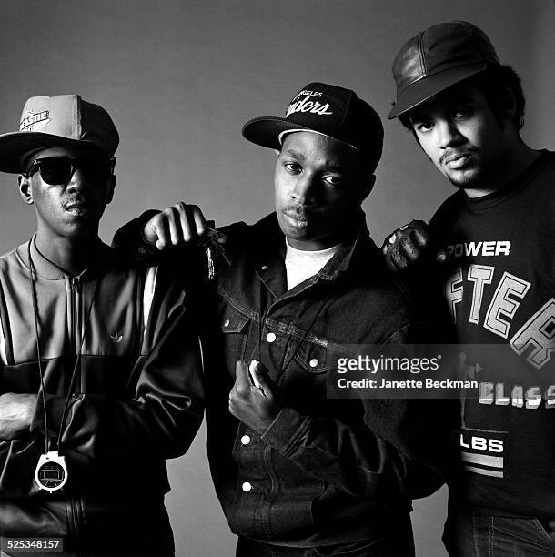 American hip hop group Public Enemy, New York, 1987. Left to right: Flavor Flav, Chuck D and Terminator X.