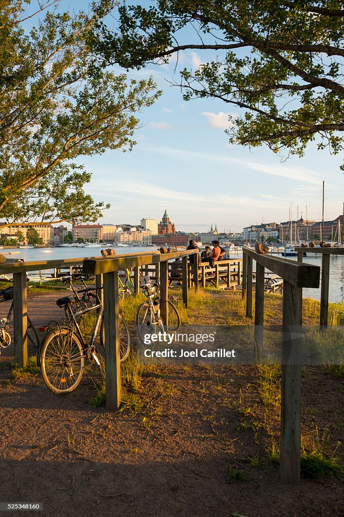 Bicycle and people at Tervasaari in Helsinki, Finland