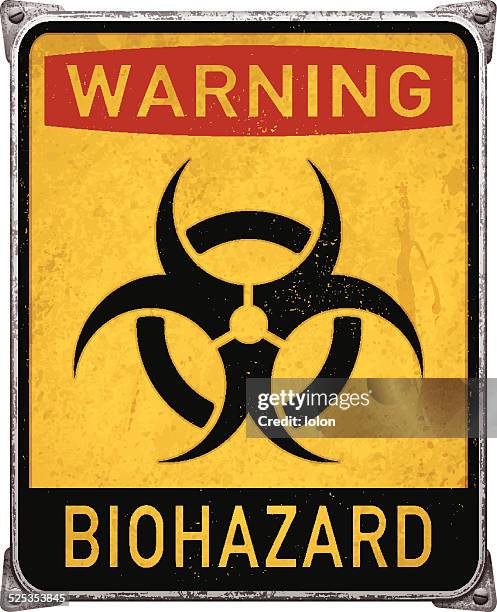 warning biohazard metal placard with biohazard symbol_vector - biochemical weapon stock illustrations