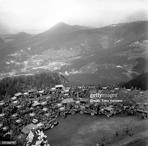 Military jeeps seen in the grounds of Hitler's Alpine retreat, the Berghof, Obersalzberg, Germany, World War II, June 1945.