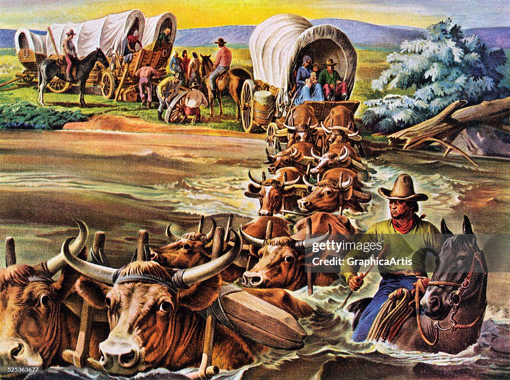 Wargon Train Vintage illustration of a wagon train fording the Platte River in ...