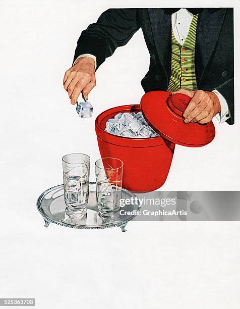 Vintage illustration of a bartender adding ice cubes from a bucket to tumblers; screen print, 1951.