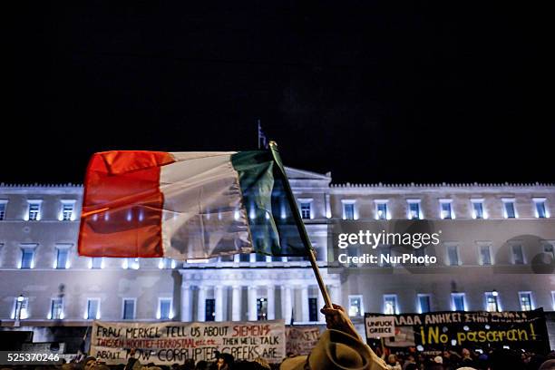 People gather outside the Hellenic Parliament showing their support to current government's negotiations with international lenders and protesting...